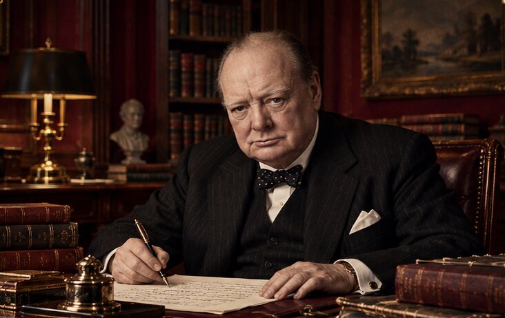 Winston Churchill seated at his desk