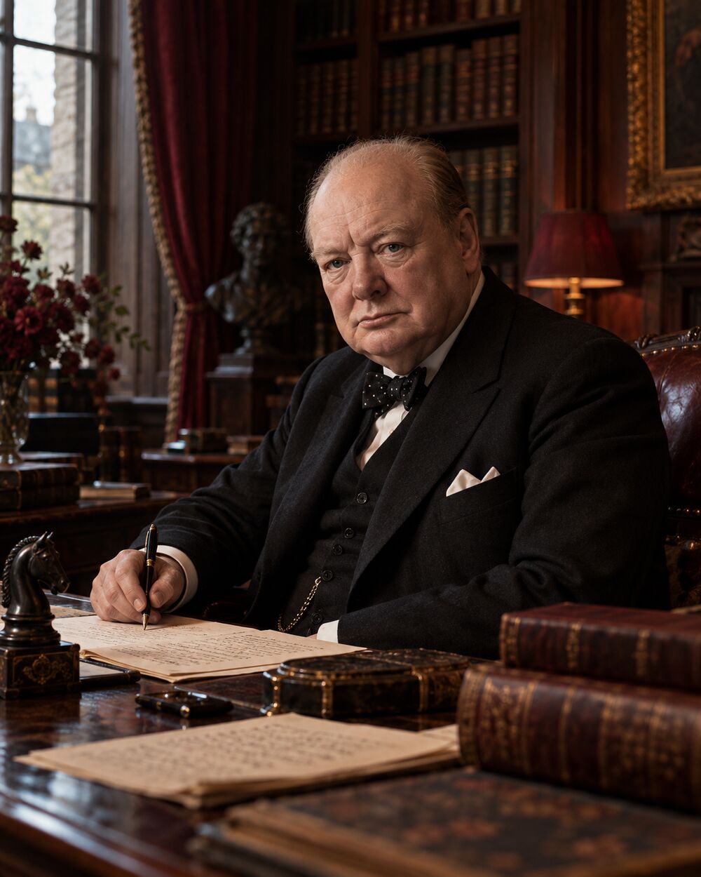 Winston Churchill in a dark suit at his desk