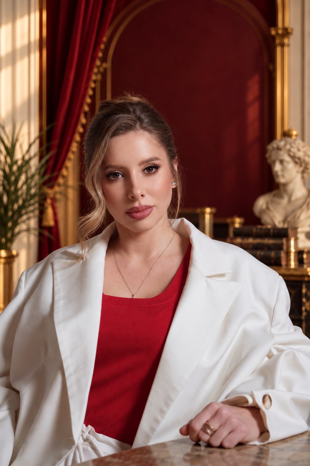 Kate Simon in a white blazer and red top, seated at a desk in a burgundy and gold room
