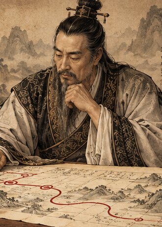 An ancient Chinese strategist studying a map scroll